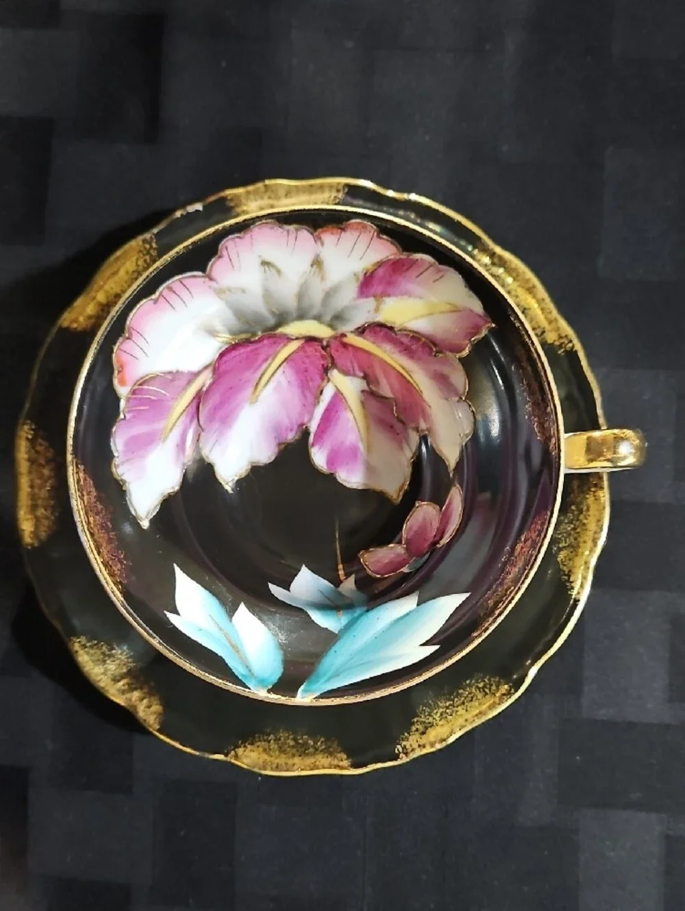 Porcelain Black Colorful Water Lily and Orchid Lustreware Teacup and Saucer